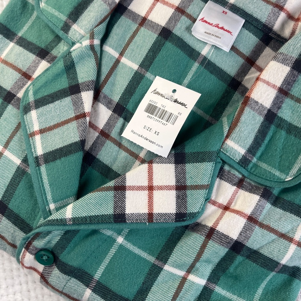 Hanna Andersson Plaid Flannel‎ Pajama Top Shirt Green White XS